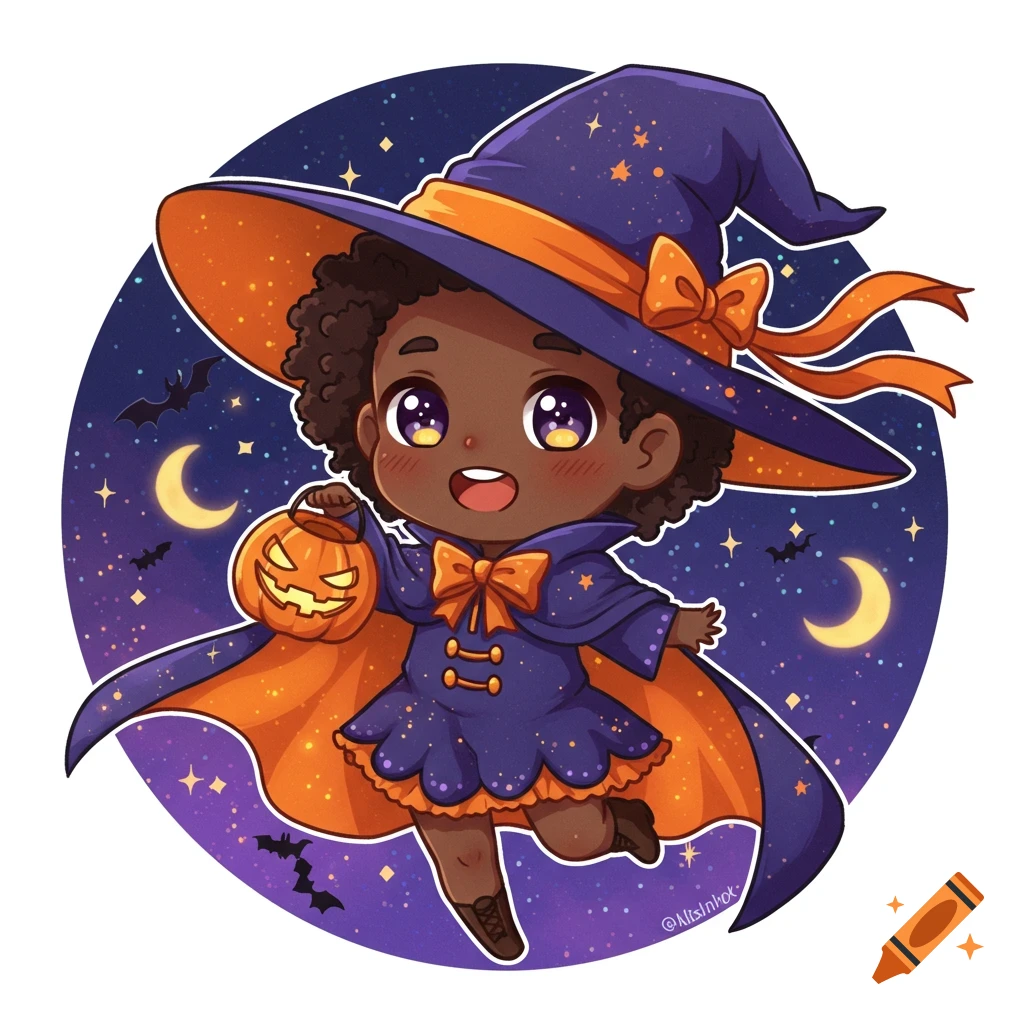 Cute African American chibi witch in a purple and orange costume holds a jack-o'-lantern, floating against a starry night sky.