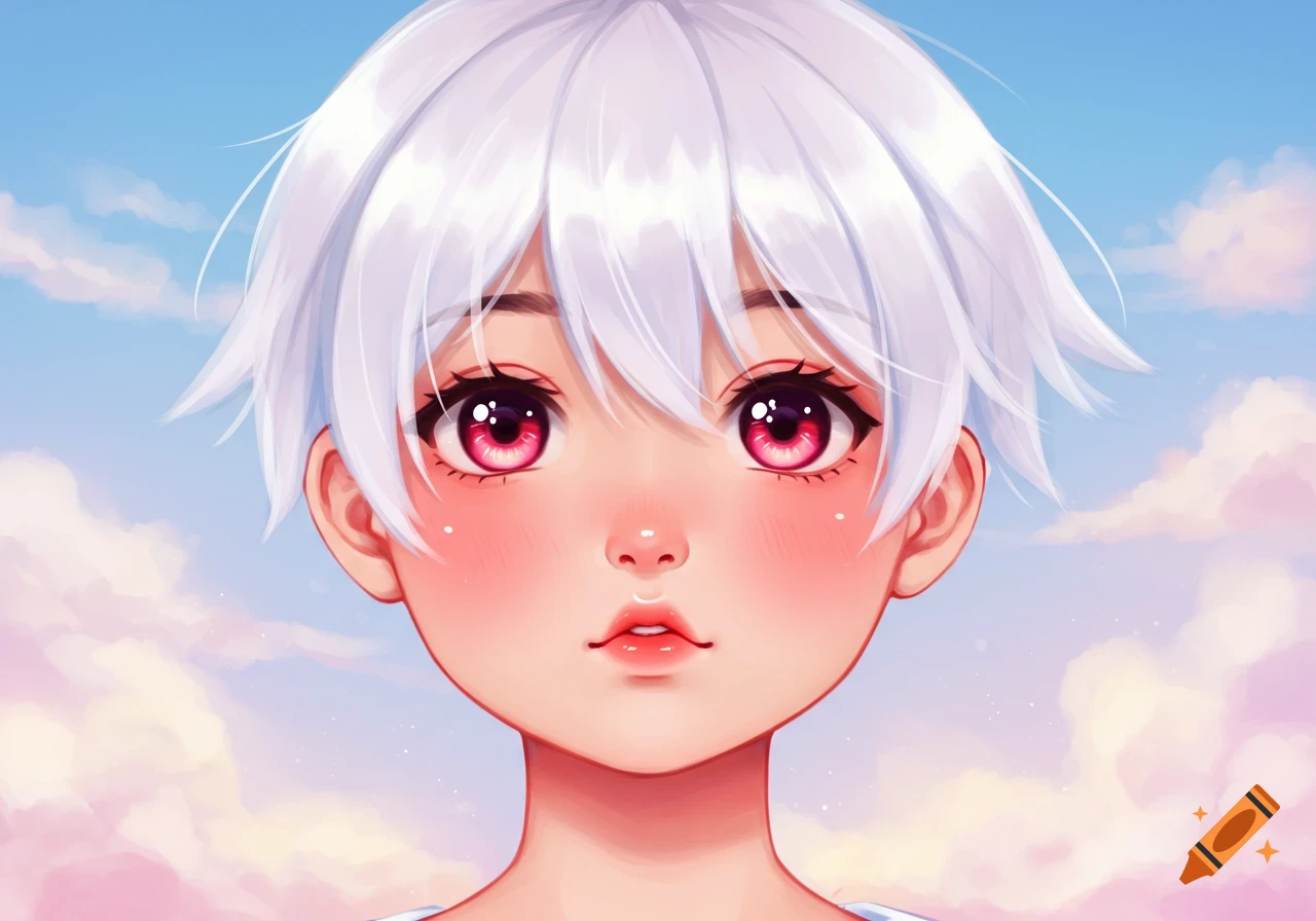 Cute anime portrait of a character with white hair, bright red eyes, and rosy cheeks against a pastel blue and pink sky.