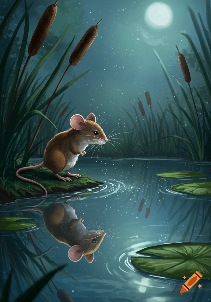 An illustration of a small brown mouse by a moonlit pond, gazing at its reflection among cattails and lily pads.
