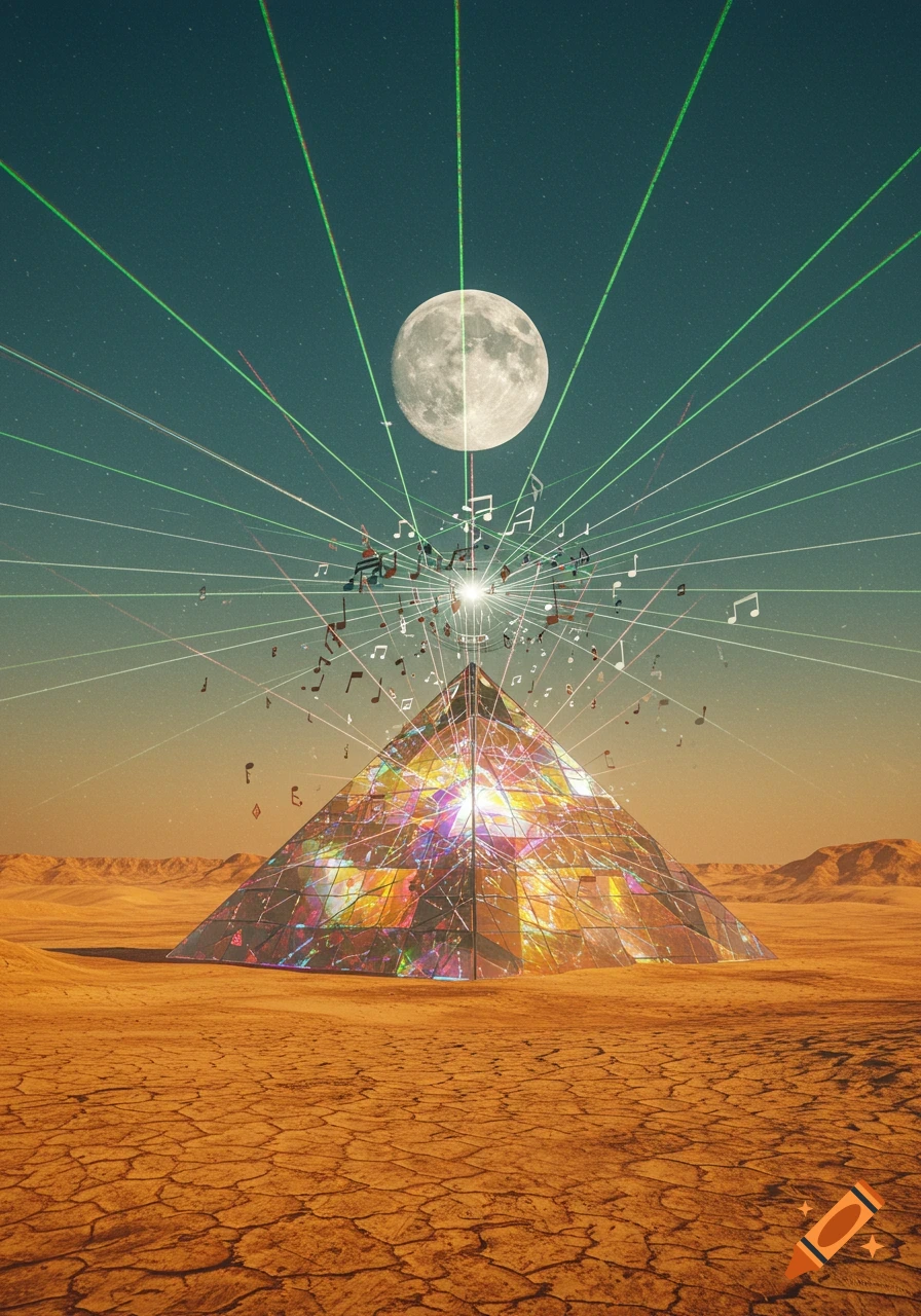 A surreal desert scene with a reflective, colorful pyramid, a full moon, green lasers, and musical notes in the sky.
