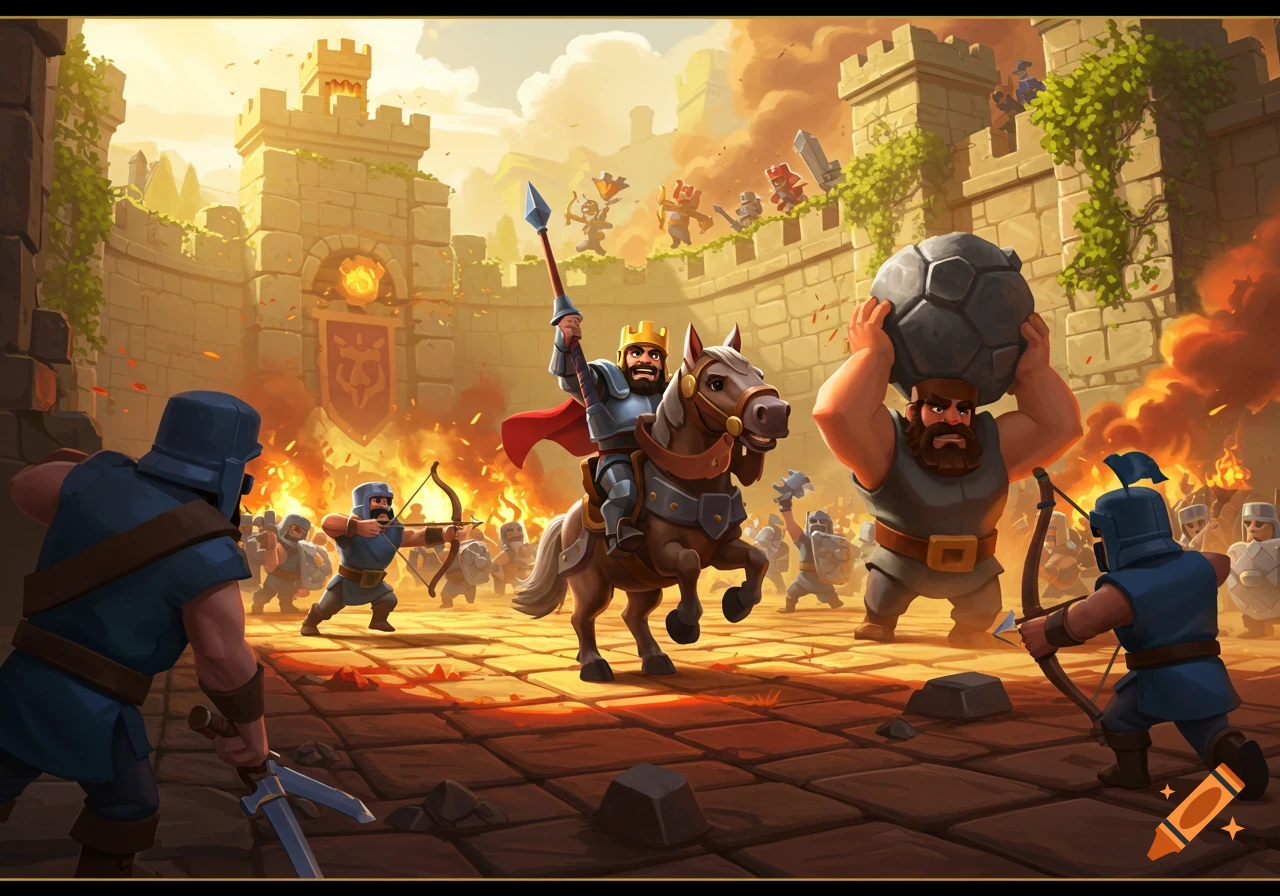 Stylized battle scene with a king on horseback, giant, and soldiers fighting in front of a castle.