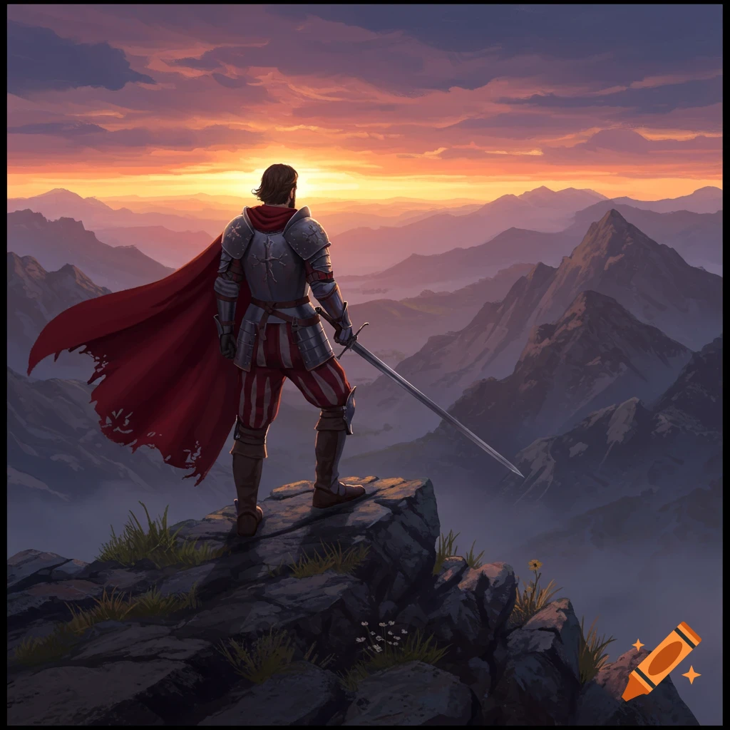 A knight in armor and a red cape stands on a mountain peak, looking at a vibrant sunset over a mountain range. Digital art.