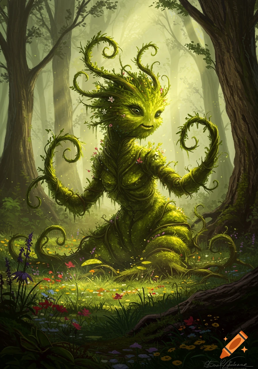 A whimsical green plant creature made of vines and leaves sits in a sun-dappled forest clearing with wildflowers, painted art style.