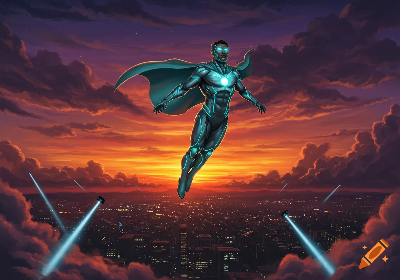 A superhero with glowing blue lines and cape flies above a city at sunset with spotlight beams.