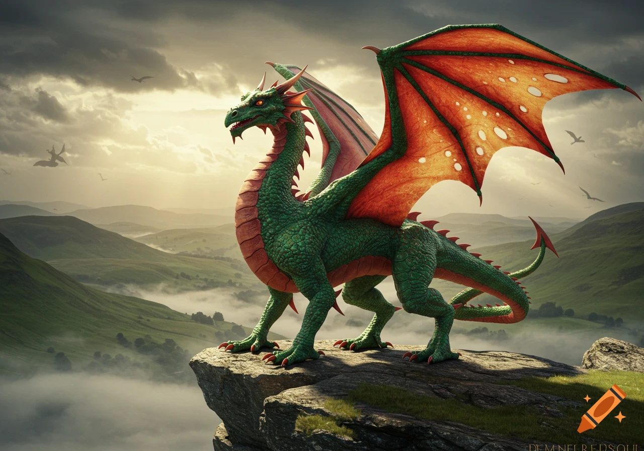 A majestic green and red Welsh dragon stands on a rocky cliff overlooking a misty, green mountain valley at sunset.