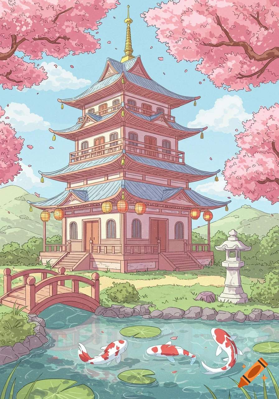 A cute illustration of a multi-tiered Japanese temple with a bridge, koi pond, and pink cherry blossom trees.