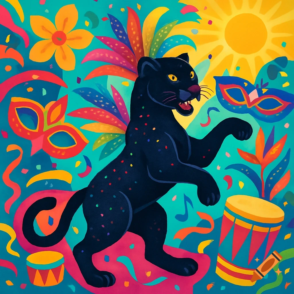 Colorful clipart illustration of a black panther surrounded by carnival masks, drums, flowers, confetti, and ribbons.