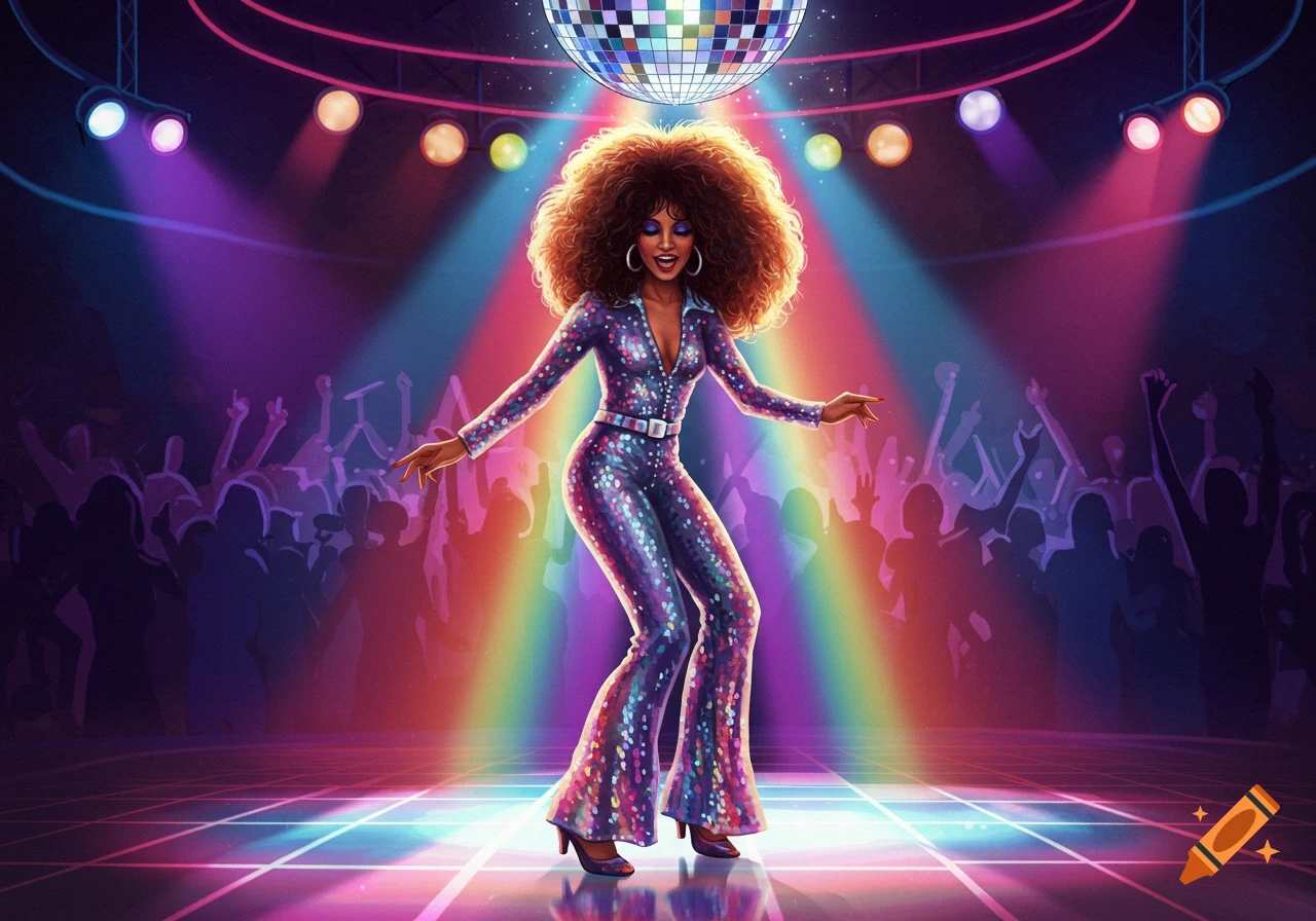 A woman in a sparkly jumpsuit dances on a vibrant, rainbow-lit disco floor under a disco ball, with silhouetted crowd in the background.