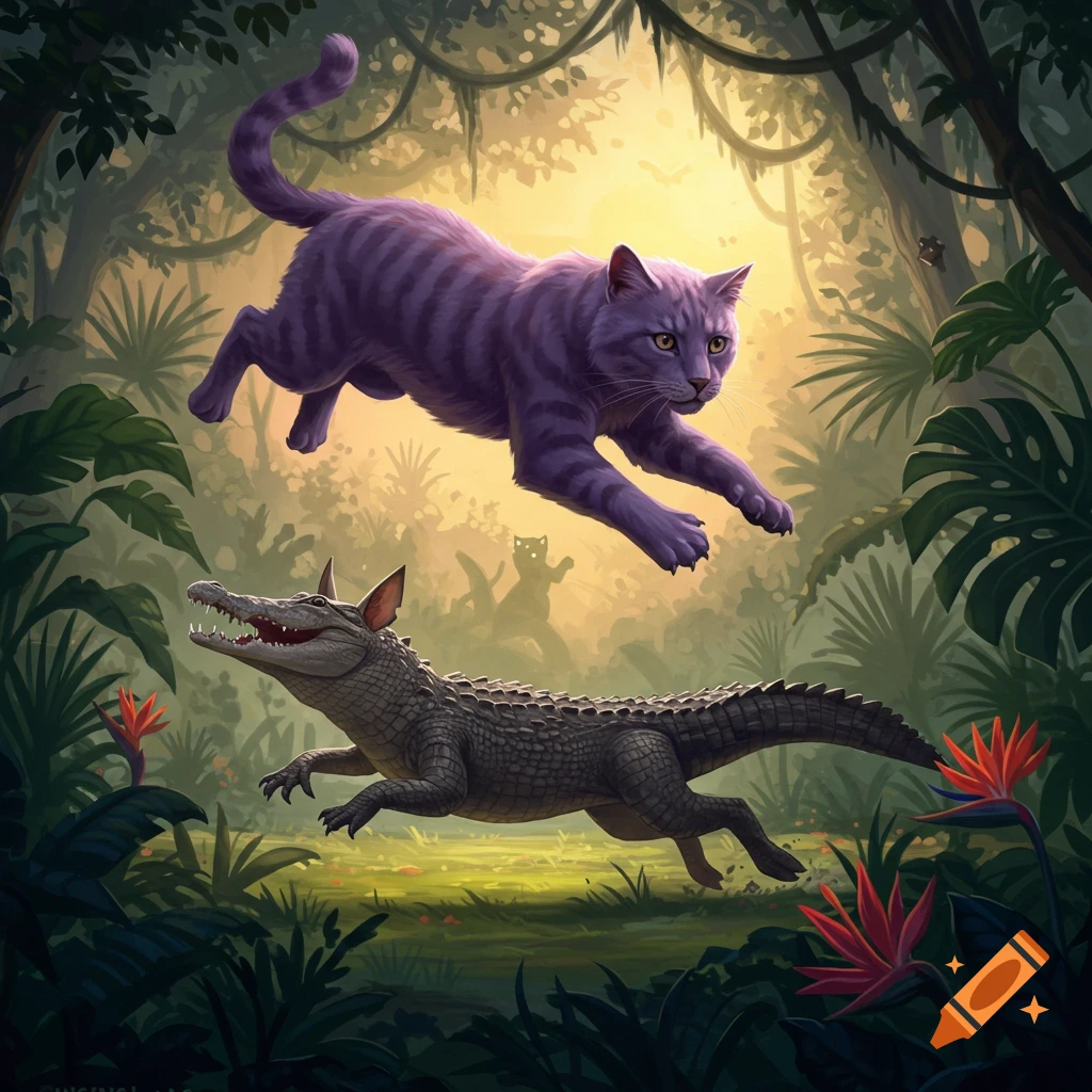 A vibrant illustration of a giant purple cat leaping over an alligator-dog hybrid in a lush, sunlit jungle.