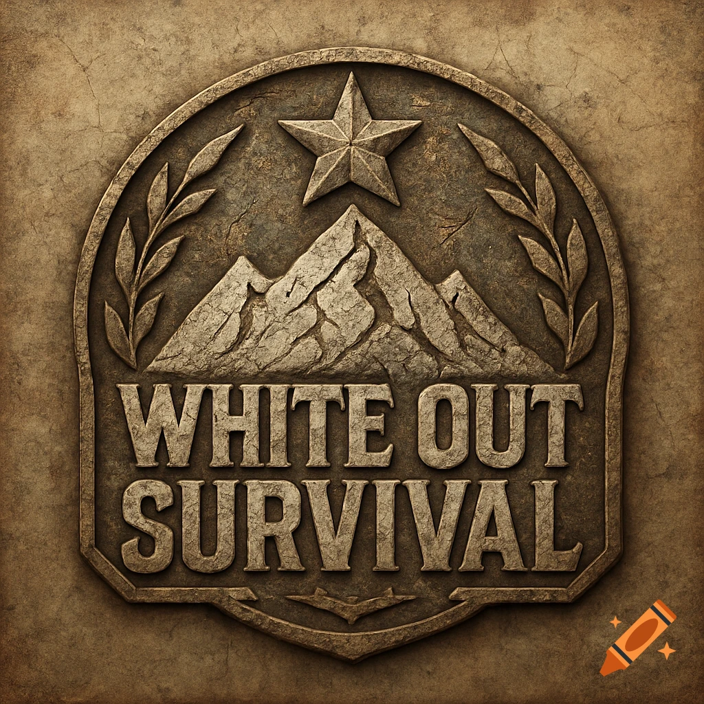 A round, old bronze emblem with a star, mountains, and the text 'WHITE OUT SURVIVAL' carved into it.