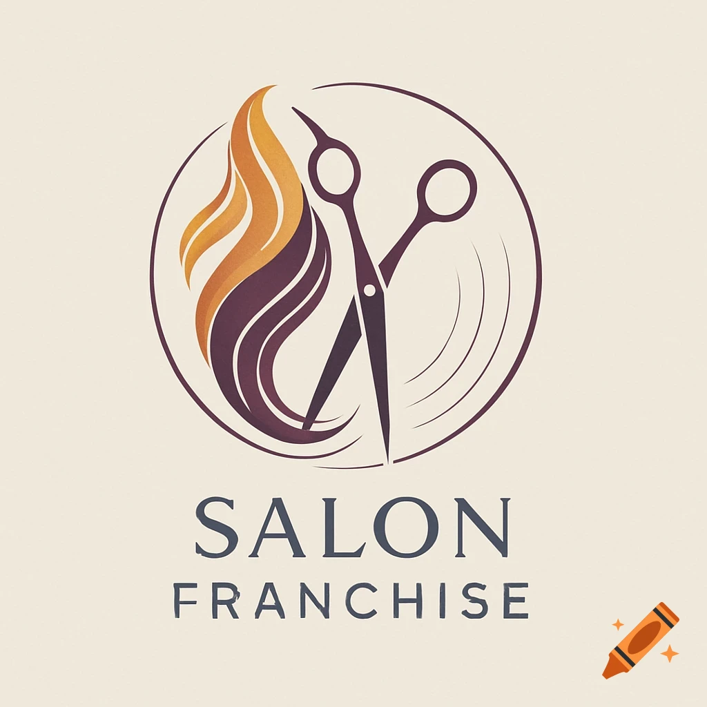 A stylized logo features dark purple hairstyling scissors and wavy orange and purple hair strands within a circular outline, above the words "SALON FRANCHISE".