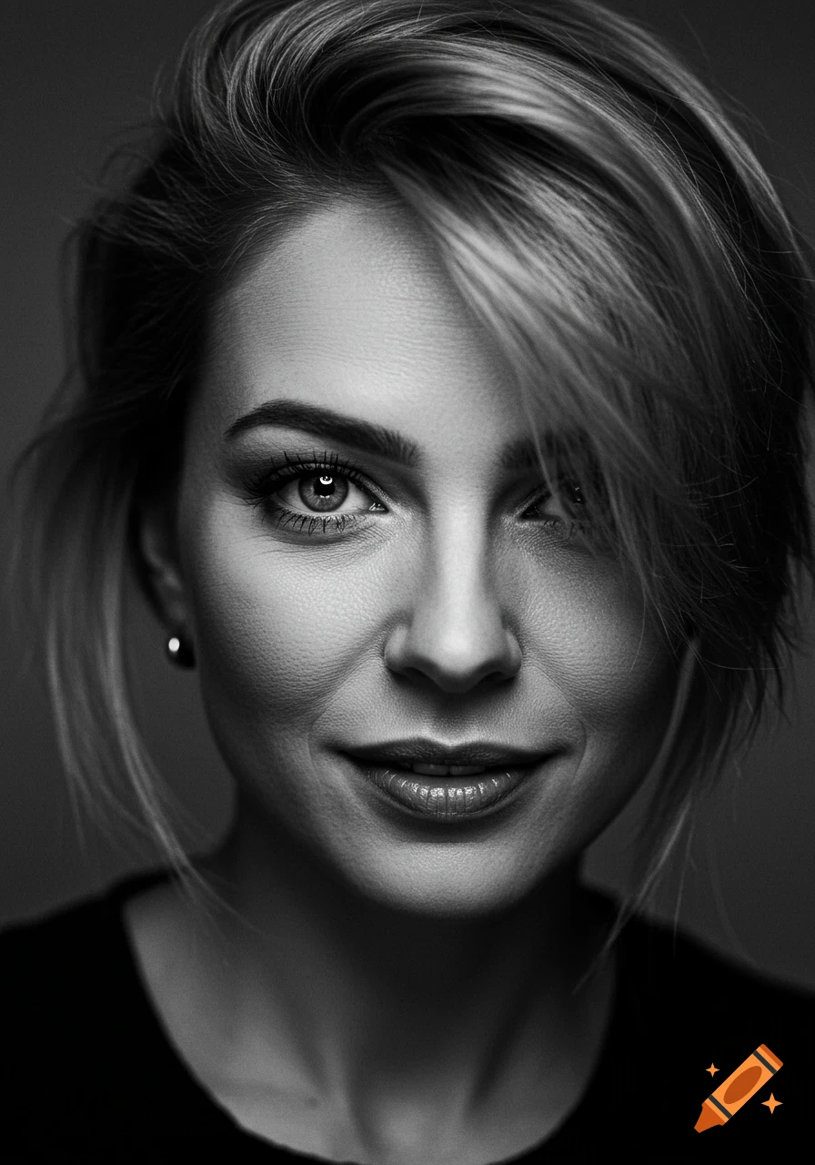 Black and white close-up portrait of a woman with expressive eyes and a slight smile, illuminated by studio light.