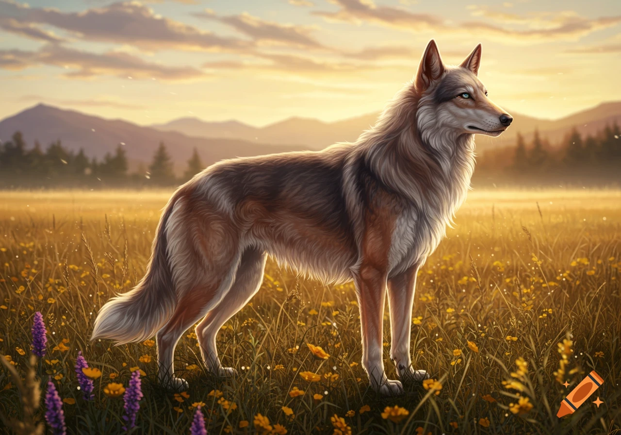 A majestic wolf-like animal stands in a golden field with flowers at sunset, mountains in the distance.