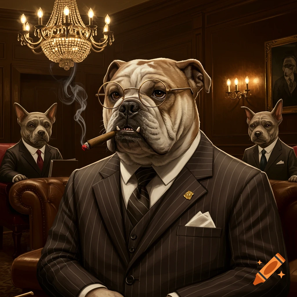 A photorealistic image of a bulldog boss in a pinstripe suit, glasses, and a lit cigar, with two pit bulls in suits in a dimly lit, luxurious room.