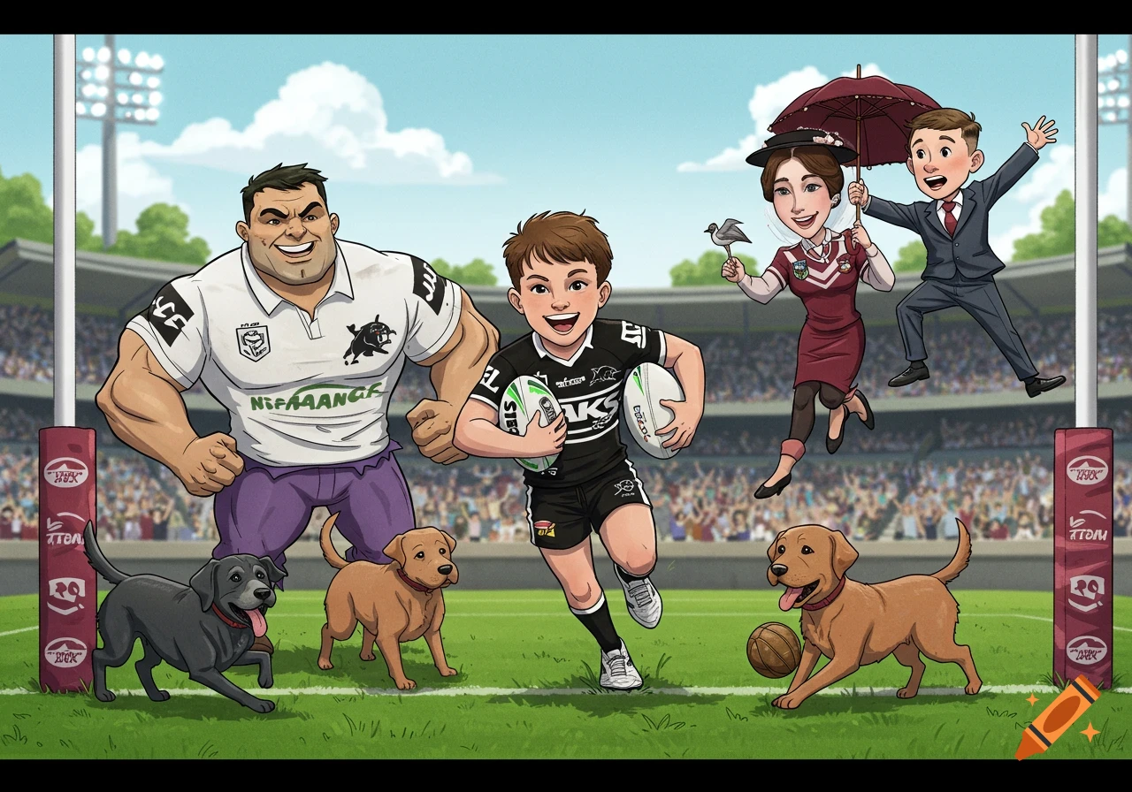 A colorful cartoon of a family and their dogs playing rugby in a stadium. A large man like the Hulk, a boy in a black jersey holding rugby balls, a woman like Mary Poppins, and a man like a lawyer are depicted with two dogs on a green field.