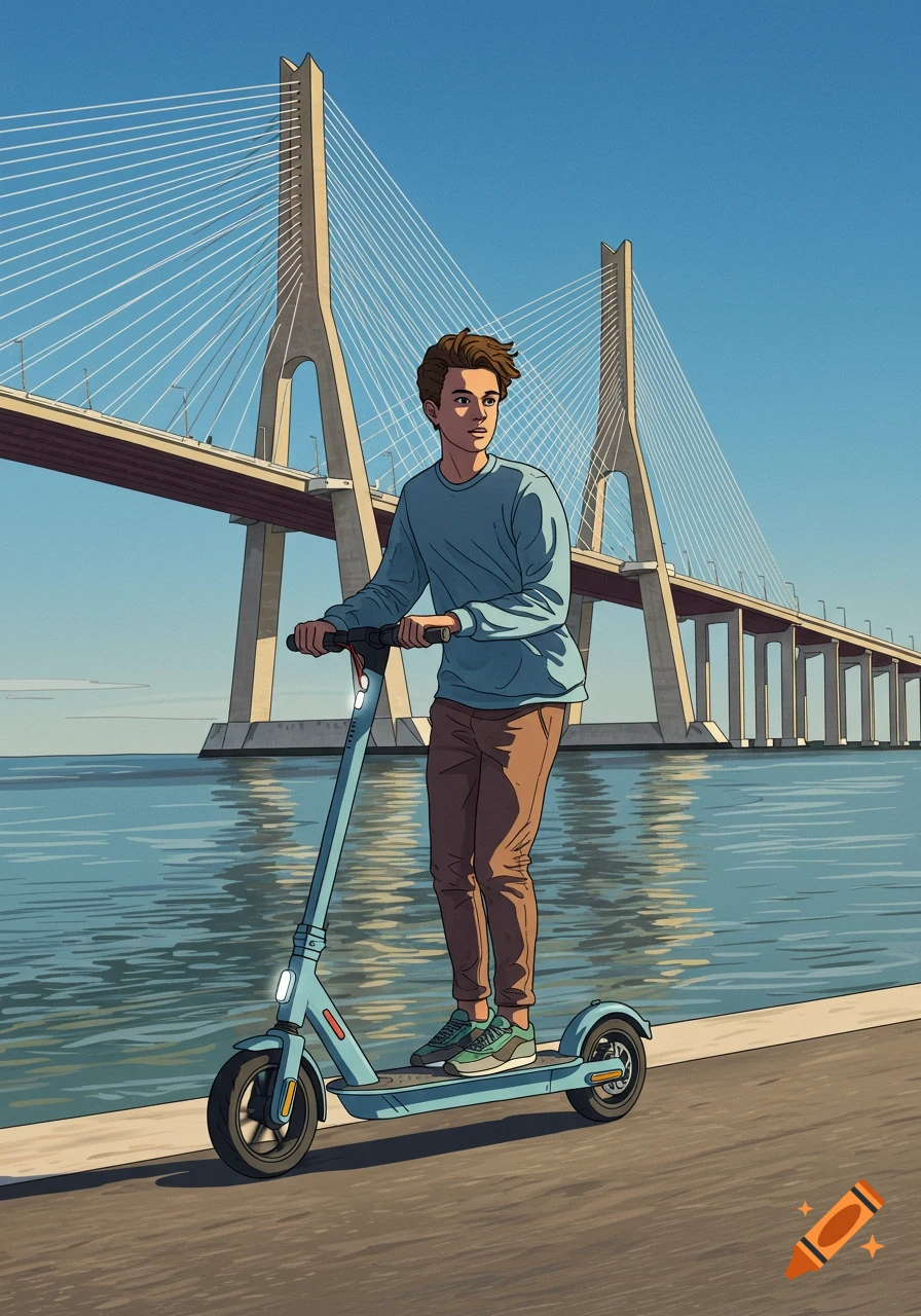 Illustrated young man on an e-scooter, riding along a waterfront with a large cable-stayed bridge in the background.