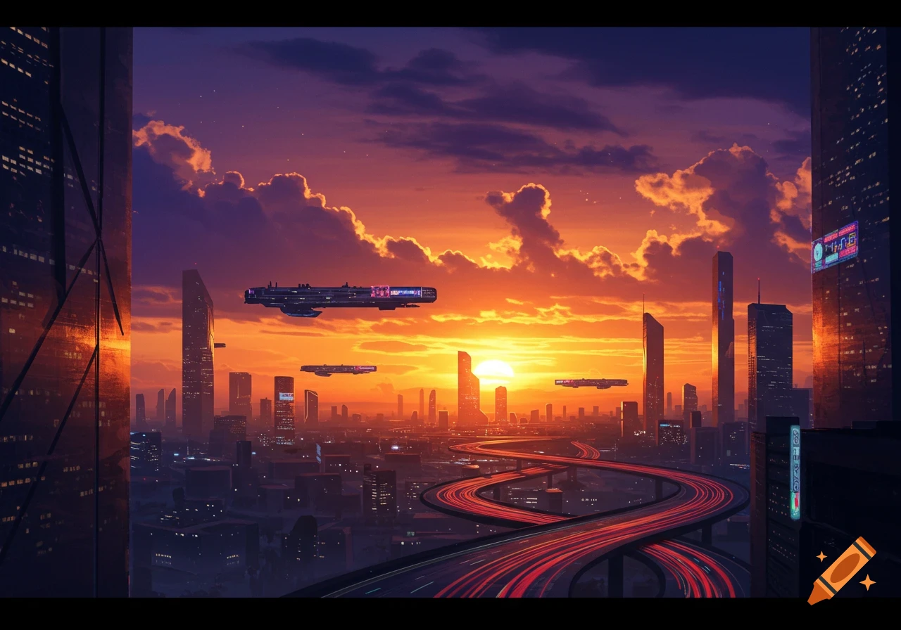Vibrant cyberpunk cityscape at sunset with flying vehicles and elevated highways, bathed in orange and purple light.