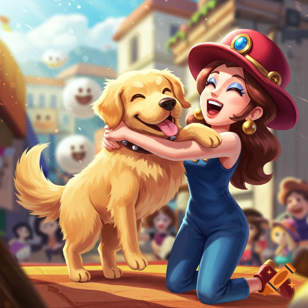 A joyful cartoon woman in a red hat kneels to hug a happy golden retriever in a bustling town square.