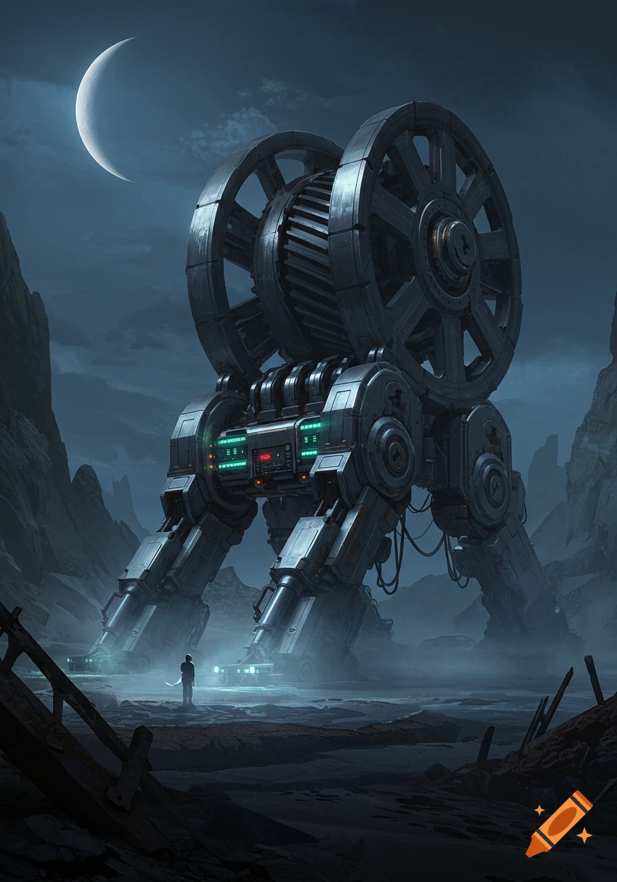 A towering, intricate metal machine with large wheels stands in a desolate, misty landscape under a crescent moon, with a small figure observing it.