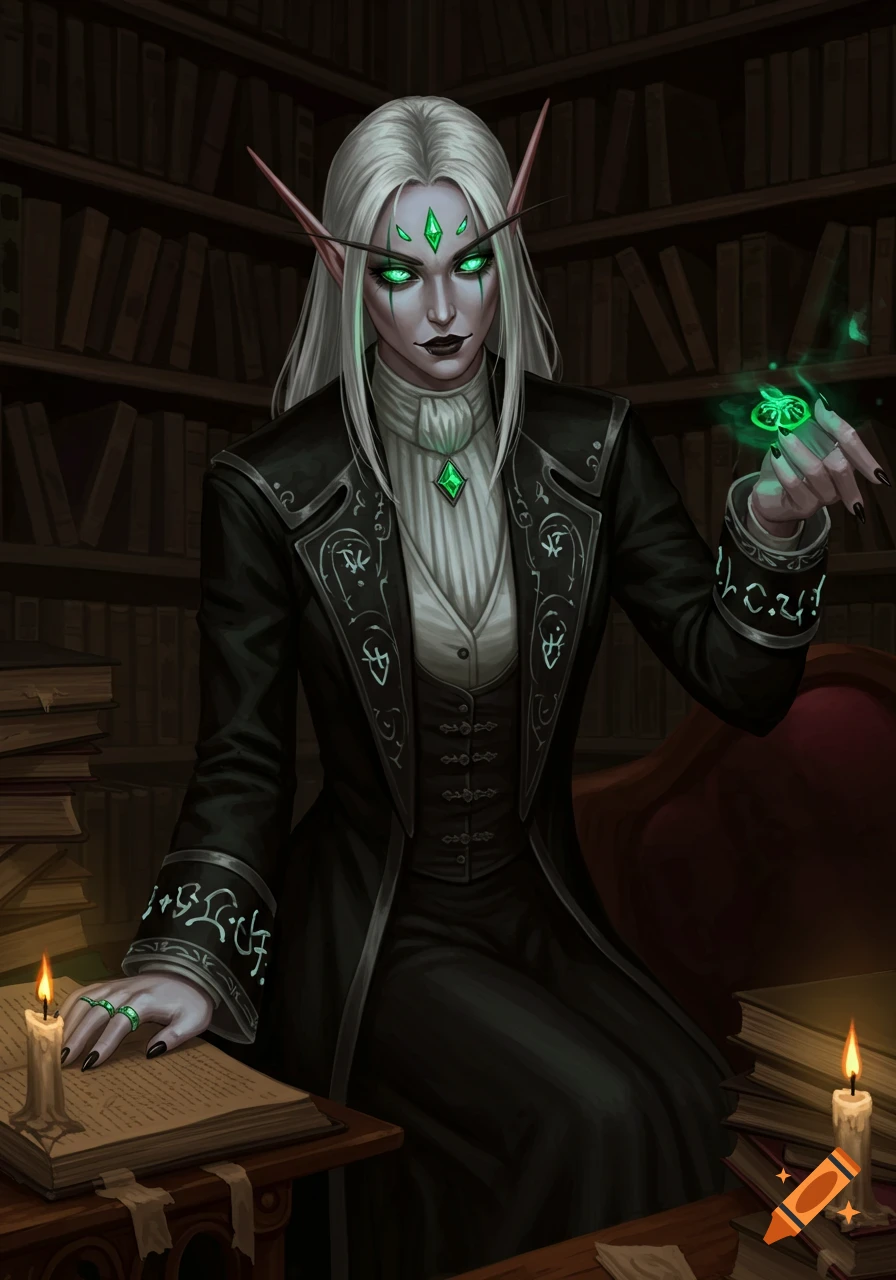 An elegant, pale-skinned female elf with piercing green eyes and white hair sits in a gothic library, dressed in dark, ornate attire. She holds a glowing green orb and rests a hand on an open book beside a lit candle.