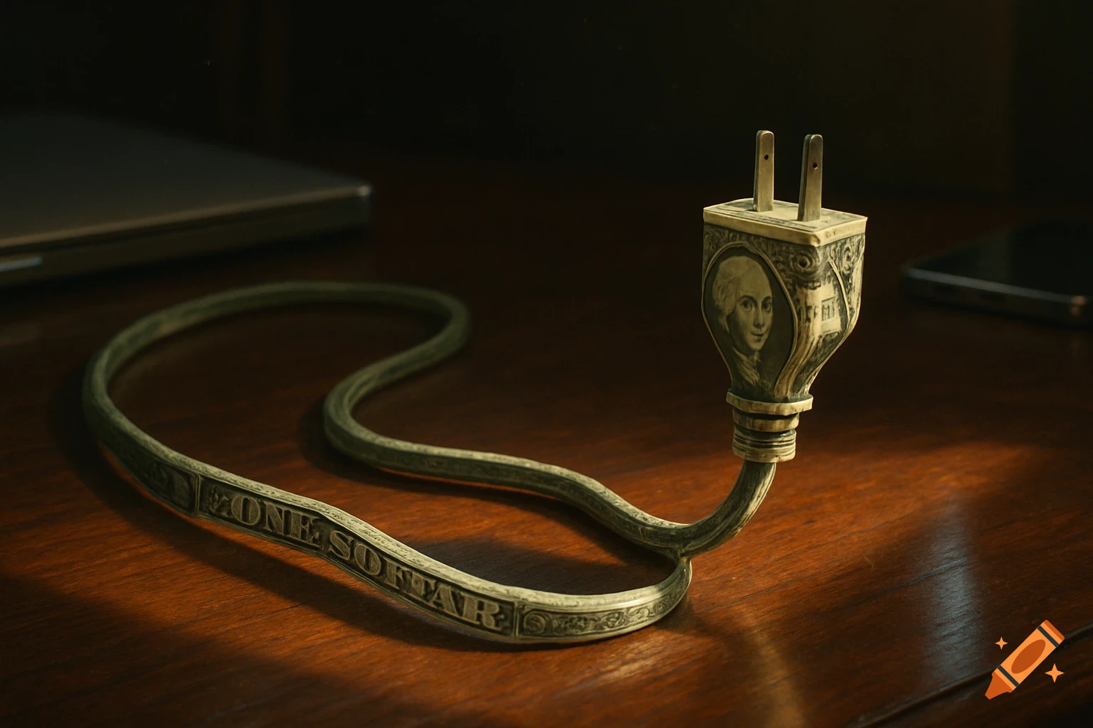 A power plug and cable, intricately designed to resemble a dollar bill, rests on a polished wooden desk in a photorealistic style.