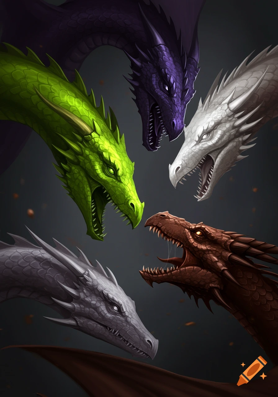A dramatic digital painting of five colorful dragon heads in green, purple, white, brown, and gray.