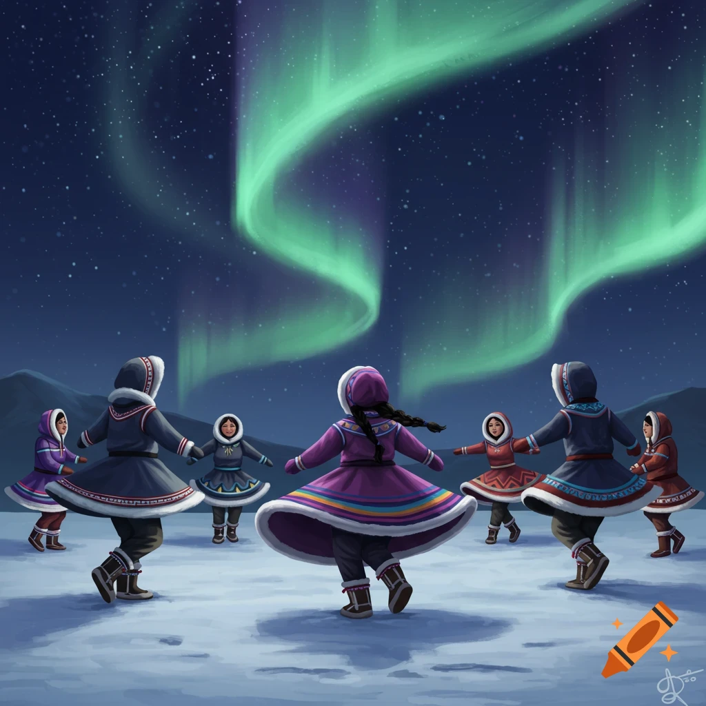 Children in colorful winter parkas dance on a snowy field under vibrant green and purple aurora borealis.