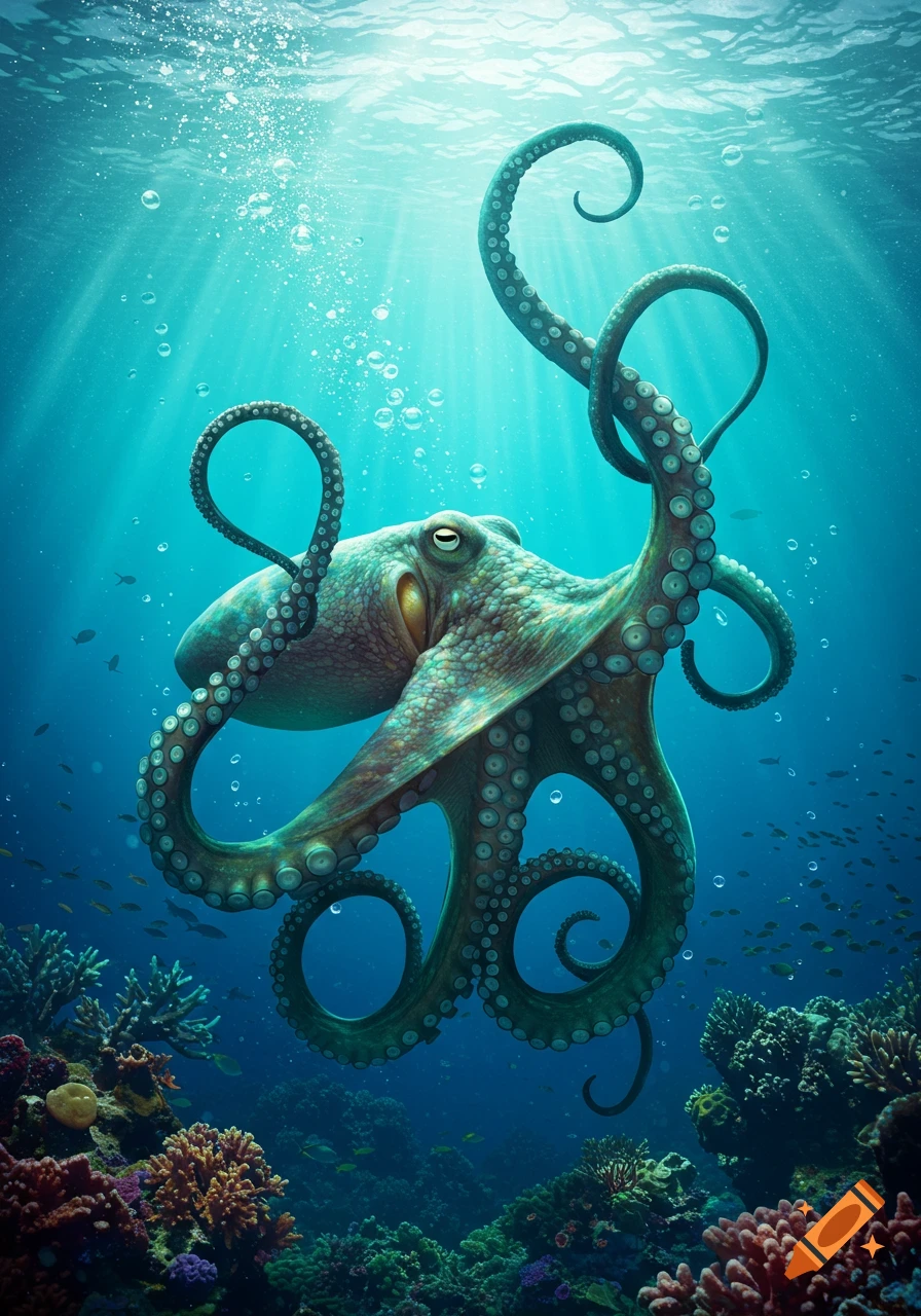 Photorealistic image of a large octopus with outstretched tentacles swimming above a vibrant coral reef in a sunlit ocean.