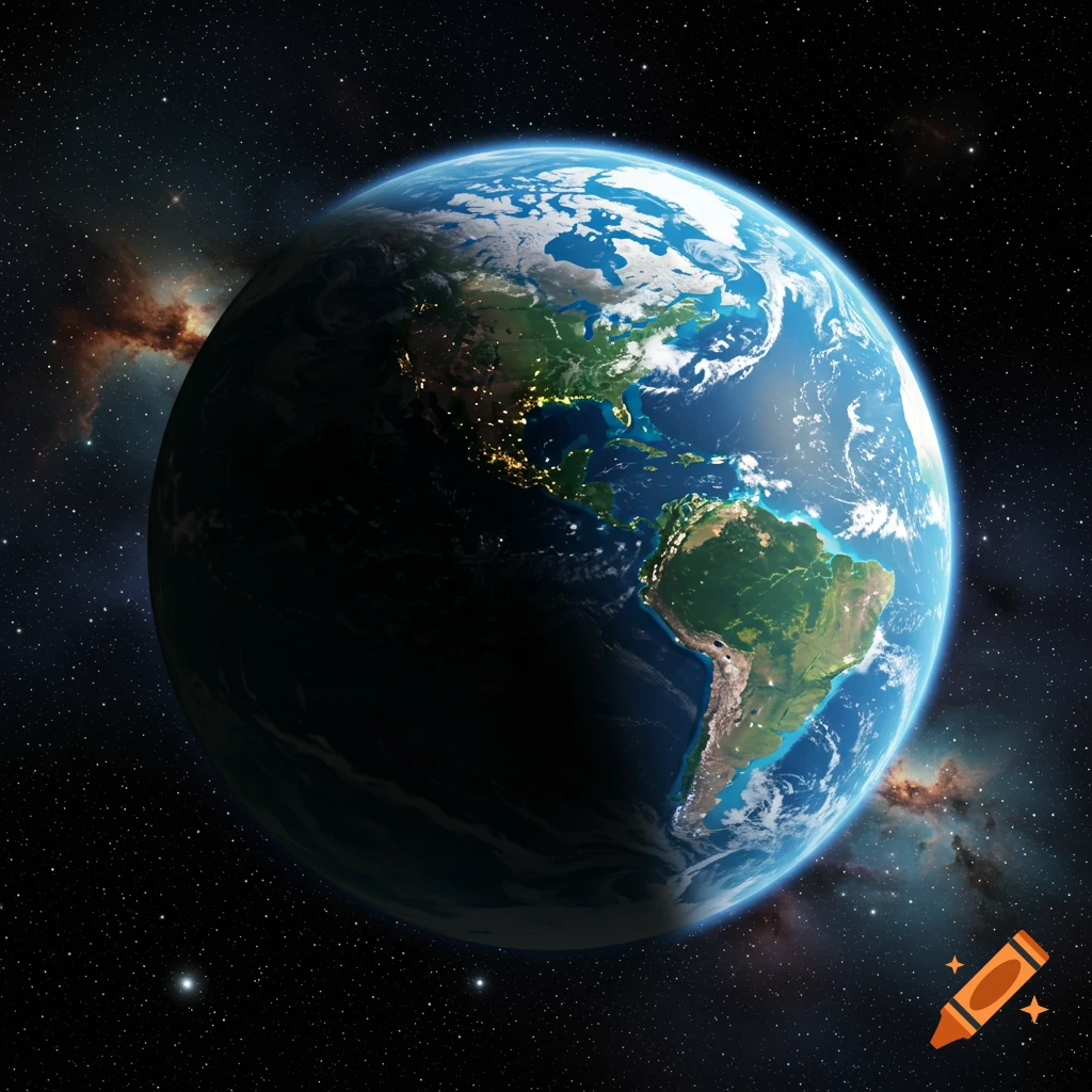 Photorealistic view of Earth from space, with visible continents, clouds, and city lights on the night side.