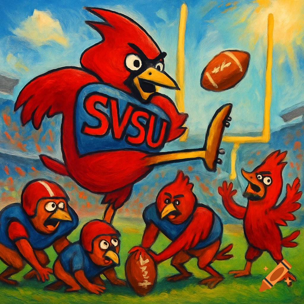 A large red cardinal in an SVSU jersey kicks a football on a green field, surrounded by smaller cardinal football players, under a blue sky, in a vibrant painting style.