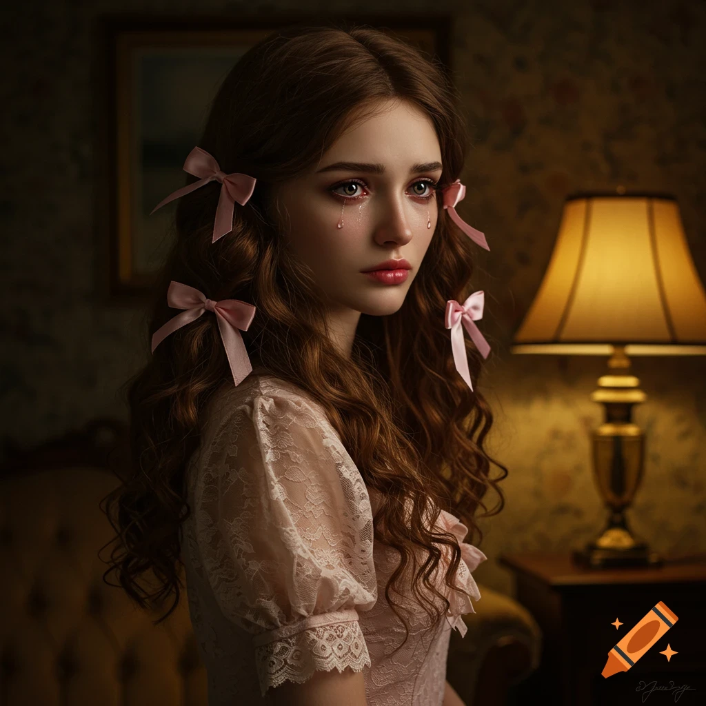 Photorealistic portrait of a sad brunette woman crying, with pink bows in her long hair, wearing a lace dress indoors with a lamp.