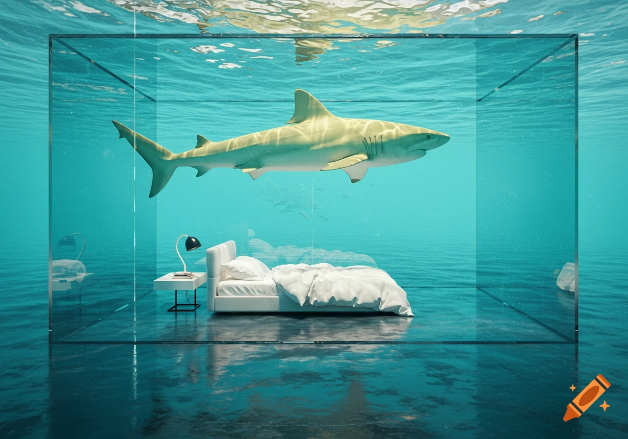A minimalist bedroom in a clear glass enclosure at the bottom of the ocean, with a shark swimming around it. Photorealistic.