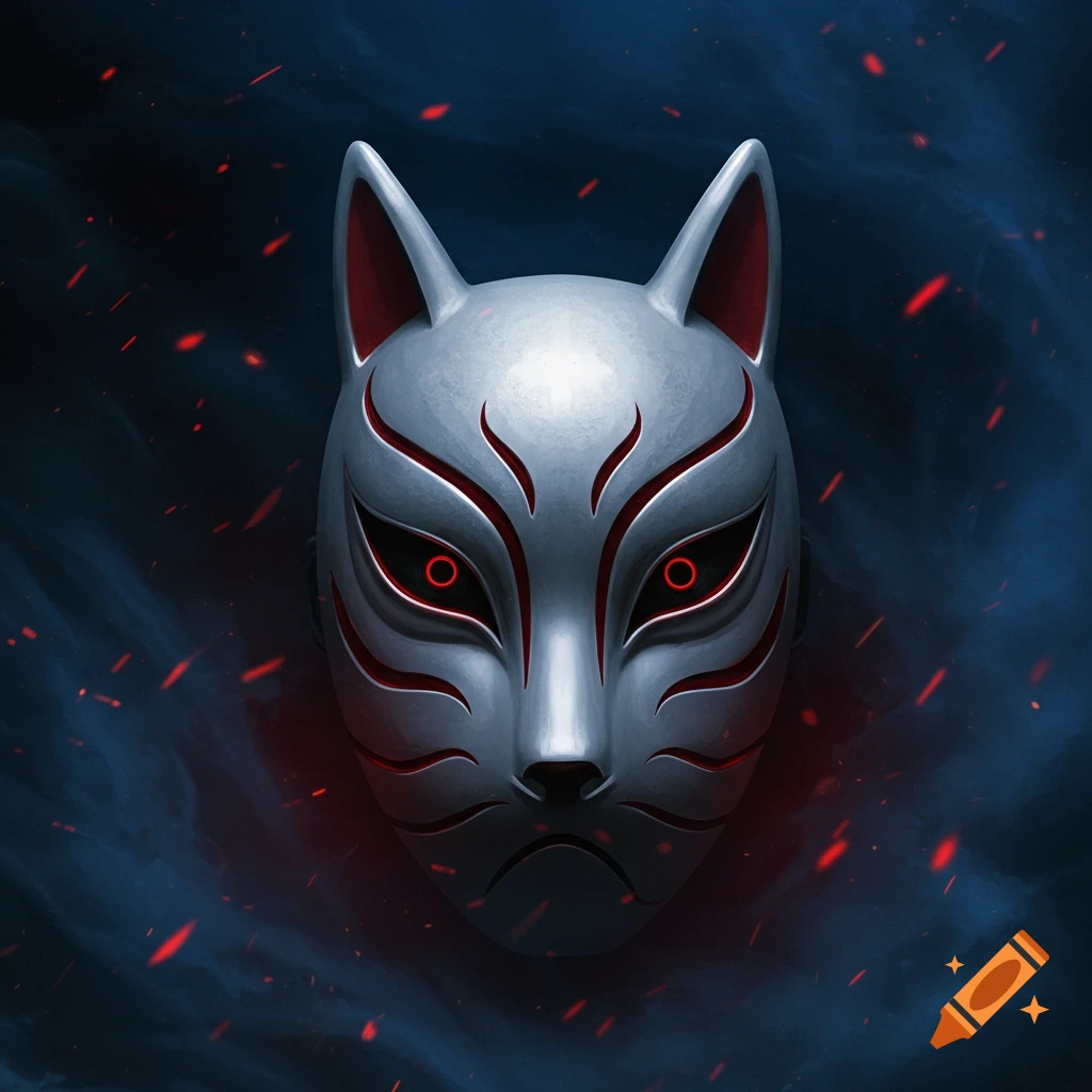 A stylized grey Anbu fox mask with glowing red eyes and markings, set against a dark, smoky background with red embers.