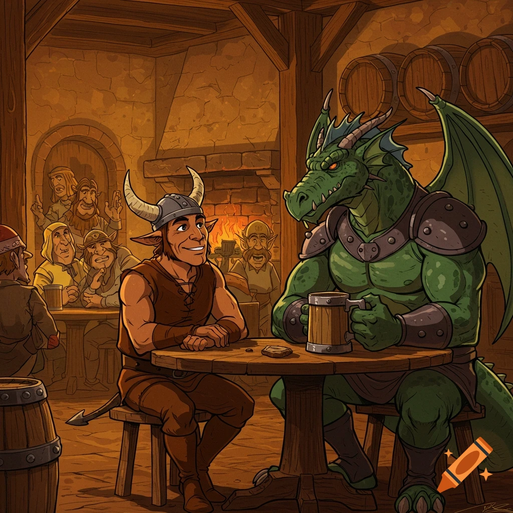 A horned rogue and a dragon warrior drink at a table in a rustic medieval tavern, in a cartoon illustration style.