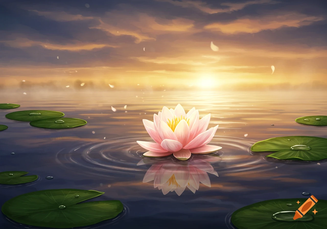 A vibrant pink lotus flower floats on calm water with lily pads, reflecting a golden sunset sky with clouds. Digital painting.
