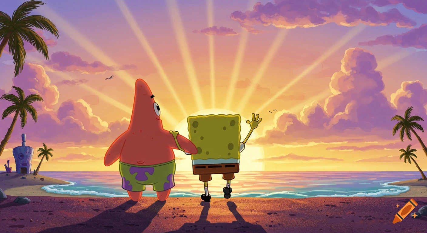 Cartoon characters Patrick and SpongeBob walk on a beach into a colorful sunset over the ocean.