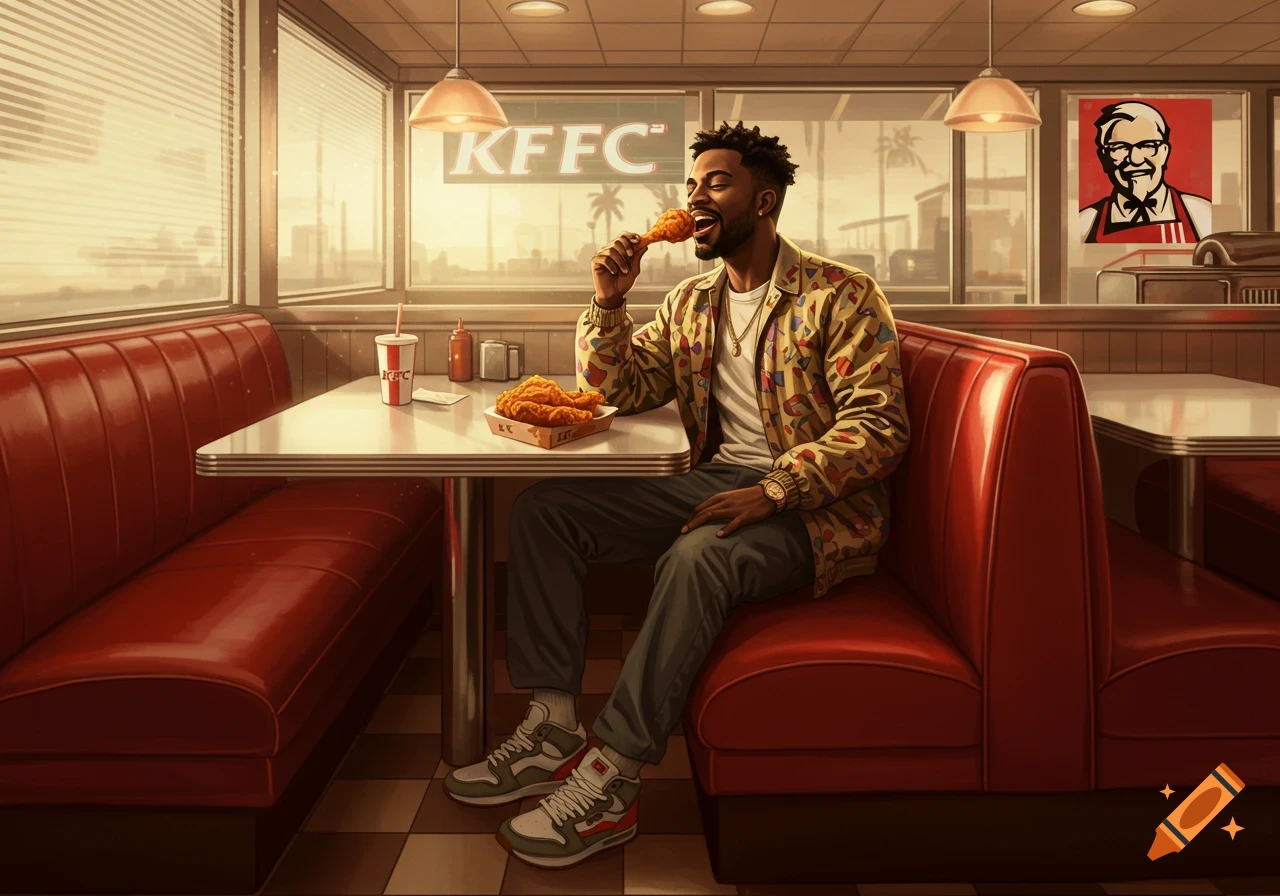 A Black man in a patterned jacket happily eats fried chicken at a red booth in a retro diner, with a Colonel Sanders poster visible.
