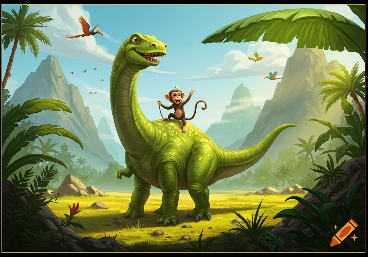 A cheerful cartoon monkey rides a friendly green dinosaur in a lush jungle with mountains and birds.