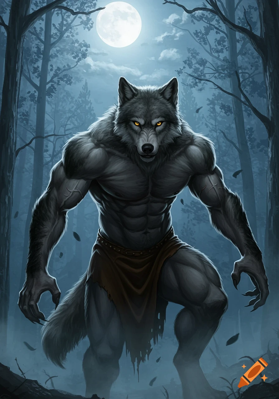 A powerful gray werewolf with glowing yellow eyes stands in a dark forest under a bright full moon.