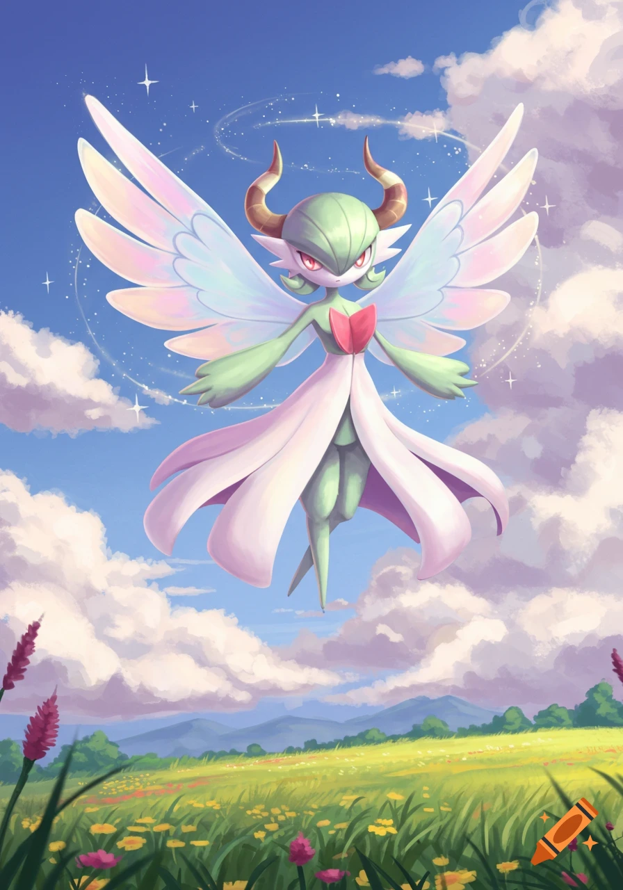 A winged, horned Gardevoir-like Pok mon floats gracefully above a vibrant flower field under a blue, cloudy sky. Digital art.