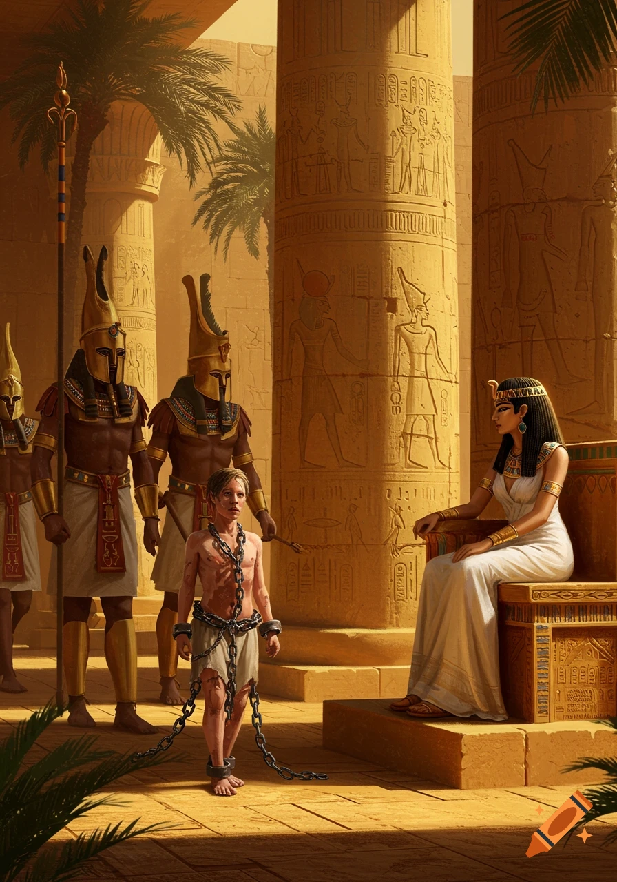 An ancient Egyptian princess sits on a throne as two armored guards present a chained, distressed person in a sunlit temple.