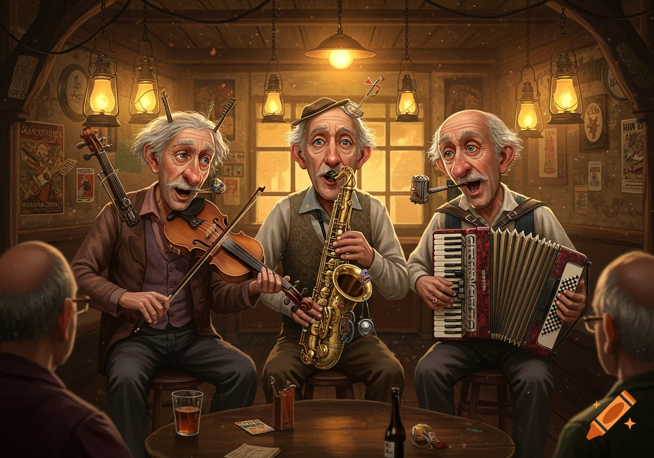 Three old, expressive men with mustaches and wild hair play a violin, saxophone, and accordion in a warmly lit, stylized pub, while two audience members watch. Posters with garbled text adorn the walls.