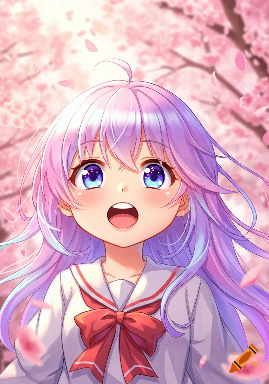 Cute anime girl with purple hair looking up with an open mouth, surrounded by falling pink cherry blossoms.