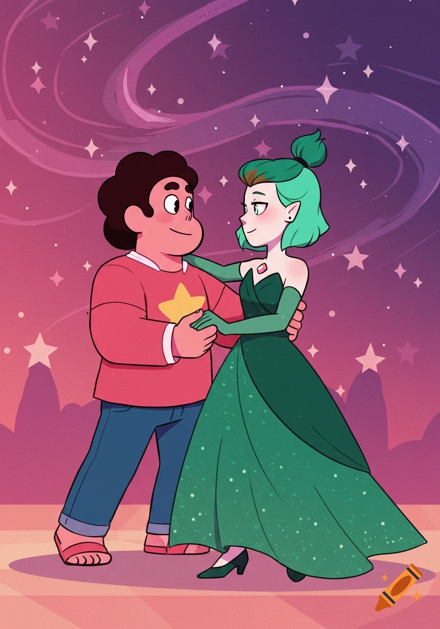 Cartoon characters Steven Universe and Amity Blight slow dancing at a gala, against a starry purple-pink sky.