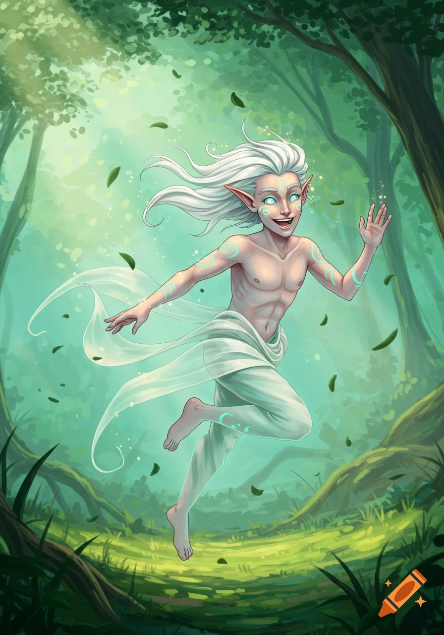 A goofy air elemental elf with white hair and pale skin, adorned with glowing blue markings, smiles while floating in a vibrant green forest.