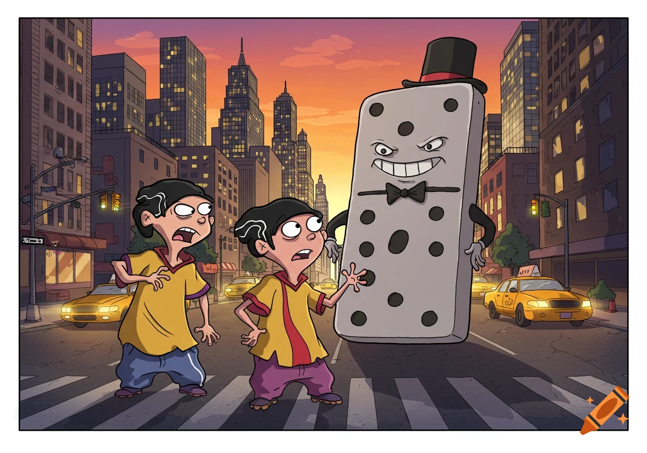 Ed, Edd, and Neddy, in a cartoon style, look shocked as they face a giant living domino character with a top hat in a bustling New York City street at sunset, with yellow taxis in the background.