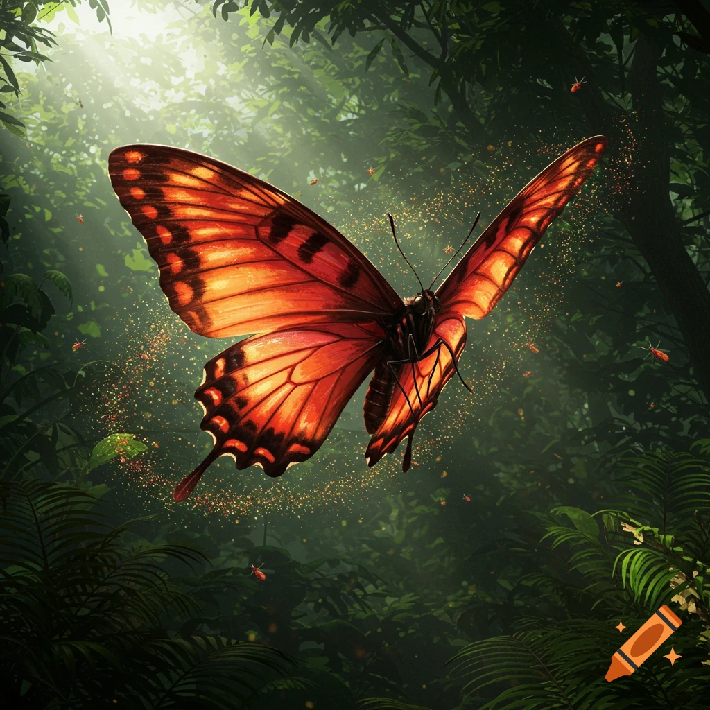 A large, vivid orange butterfly with black markings flies through a sunlit, dense green jungle with sparkling dust. Digital art.