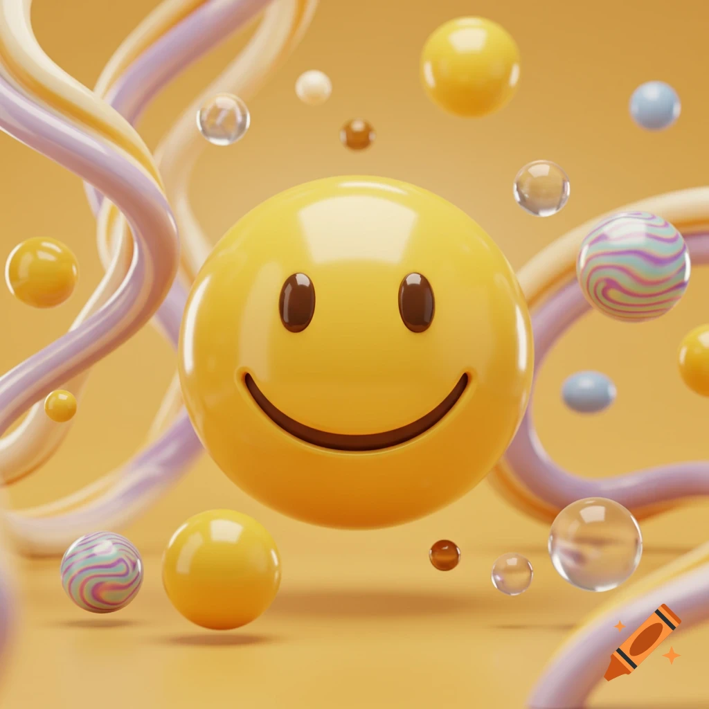 A bright yellow 3D smiley face floats in a warm orange space surrounded by colorful spheres and wavy pastel tubes.