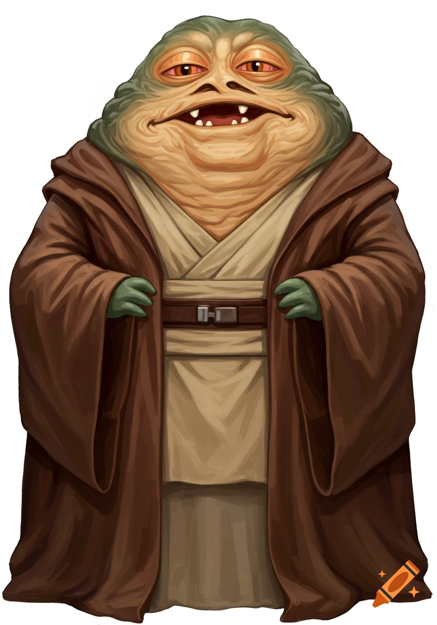 Jabba the Hutt in brown and tan Jedi robes, smiling happily on a white background.