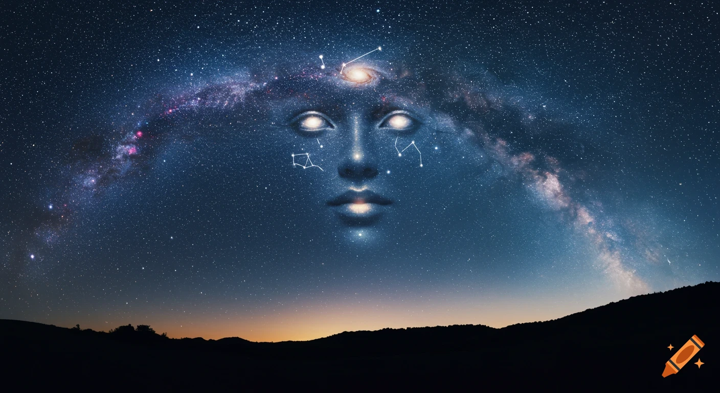 A cosmic face formed by glowing stars and galaxies against a vast dark night sky with silhouetted hills below.